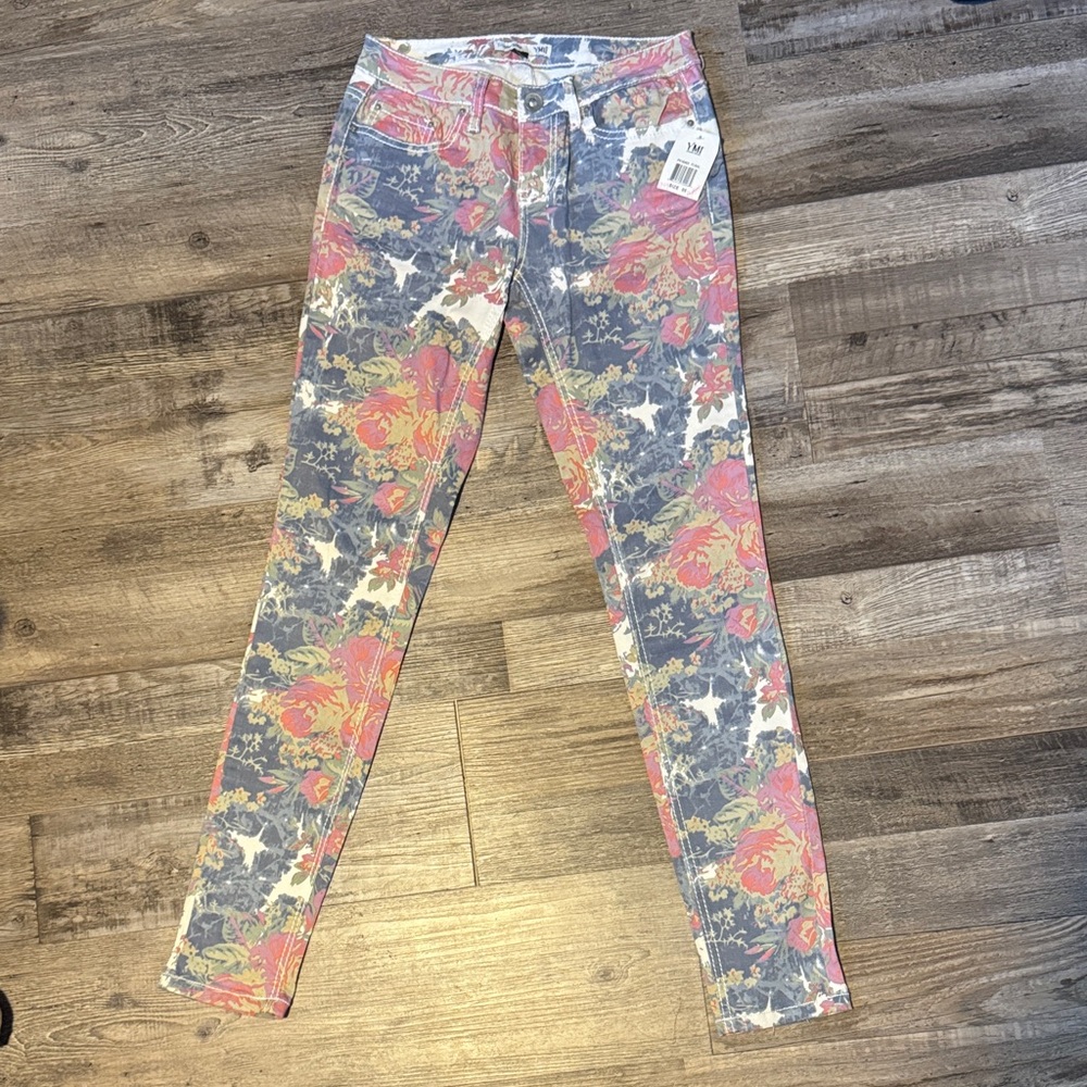 Floral Skinny Jeans - Pink, Gray & White